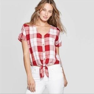 Universal Thread • Red White Plaid Tie Blouse